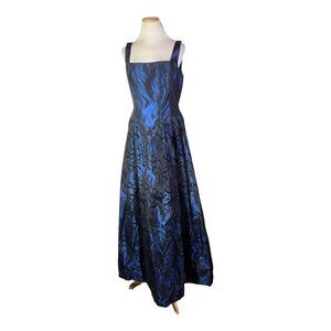 Vintage Ever Beauty Size 14 Blue Taffeta Gown V-Waist Felted Brocade